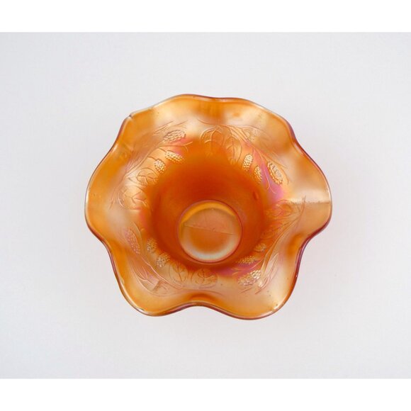 Vintage Marigold Iridescent Carnival Glass Bowl With Embossed Leaf & Blackberry - Picture 7 of 10